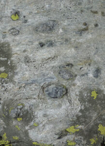 01. Des cailloux de quartz bien arrondis sont parsemés dans ce conglomérat au ciment feuilleté.