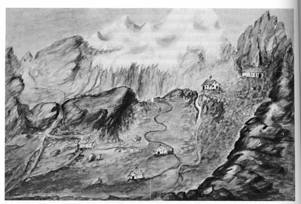18. Schizzo ad acquerello e china conservato dagli eredi Vincent, nel quale è raffigurato il percorso dalla miniera (in alto a destra) al Baraccone (sulla riva del torrente) e all'Alpe Indren (in basso a sinistra) con il relativo canale.