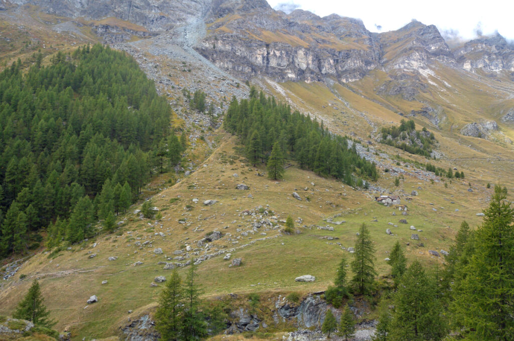 L'Alpe Courthod dal sentiero Ventina-Djomein. Qui sono localizzate alcune testimonianze di laboratori per la pietra ollare.