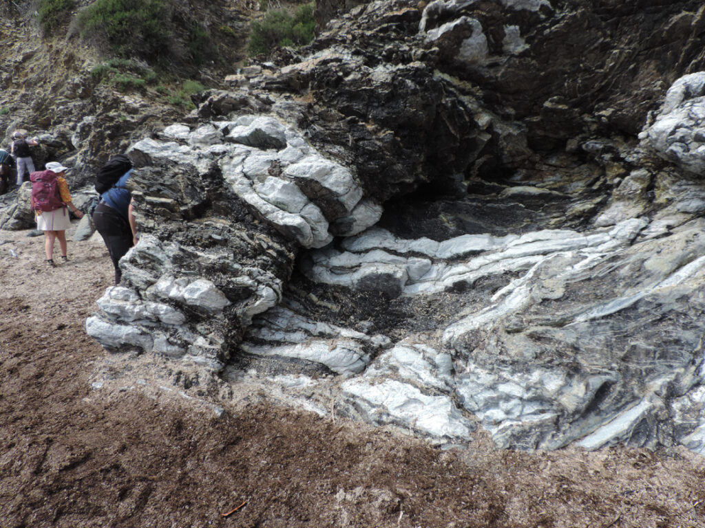 9b. Capo Norsi. Intense deformazioni al contatto delle rocce sedimentarie oceaniche con il plutone granitico sottostante.