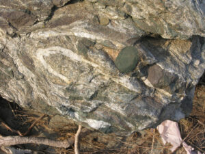7. Nodules de pyroxène sodique vert inclus dans la roche