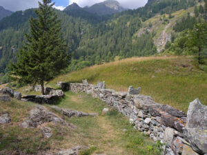 14.Muretti di separazione in gneiss con coronamento e sostegni per ringhiera. Sentiero walser, Gressoney-Saint-Jean.