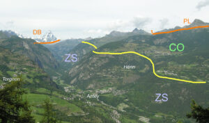 12. Le bas Valtournenche et le site d'Hérin. ZS: unité océanique profonde de Zermatt-Saas. CO: unité océanique supérieure du Combin. DB et PL: nappes continentales issues de la plaque supérieure.
