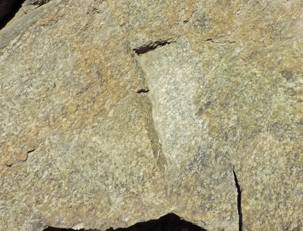 Dettaglio della roccia messa a nudo dal taglio stradale (definita gneiss aplitico dalla cartografia regionale). Tessitura granulosa, assenza di minerali scuri.